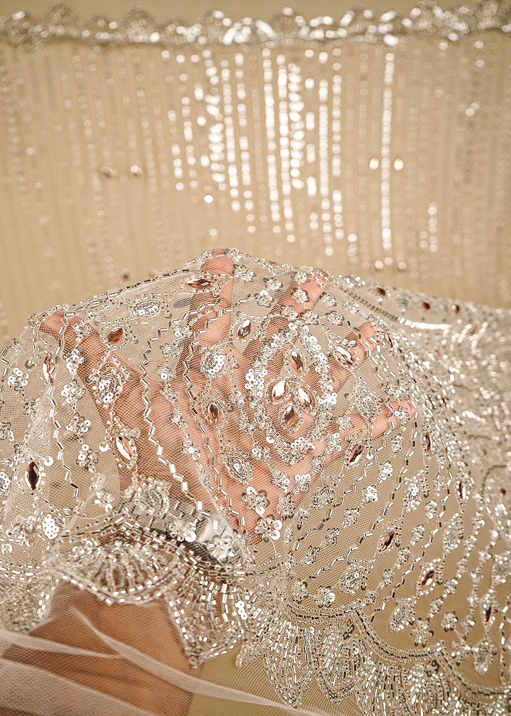 Beige Imported Net Fabric With All Over Bead, Sequins And Stone Work With One Side Scalloped Border 24037