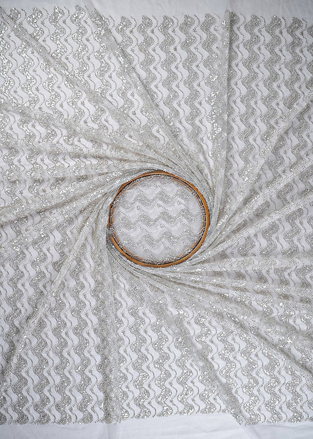 White Imported Net Fabric With All Over Sequins And Katdana Work With Border 24038