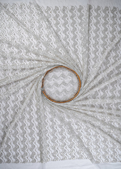 White Imported Net Fabric With All Over Sequins And Katdana Work With Border 24038
