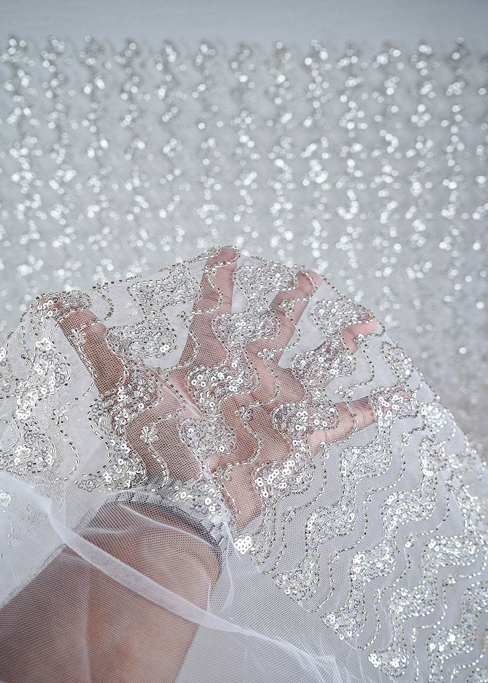 White Imported Net Fabric With All Over Sequins And Katdana Work With Border 24038