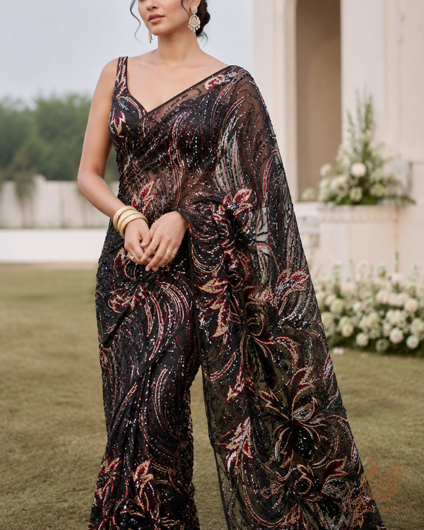 Black Imported Net Fabric With All Over Sequins And Katdana Work With Border 24039