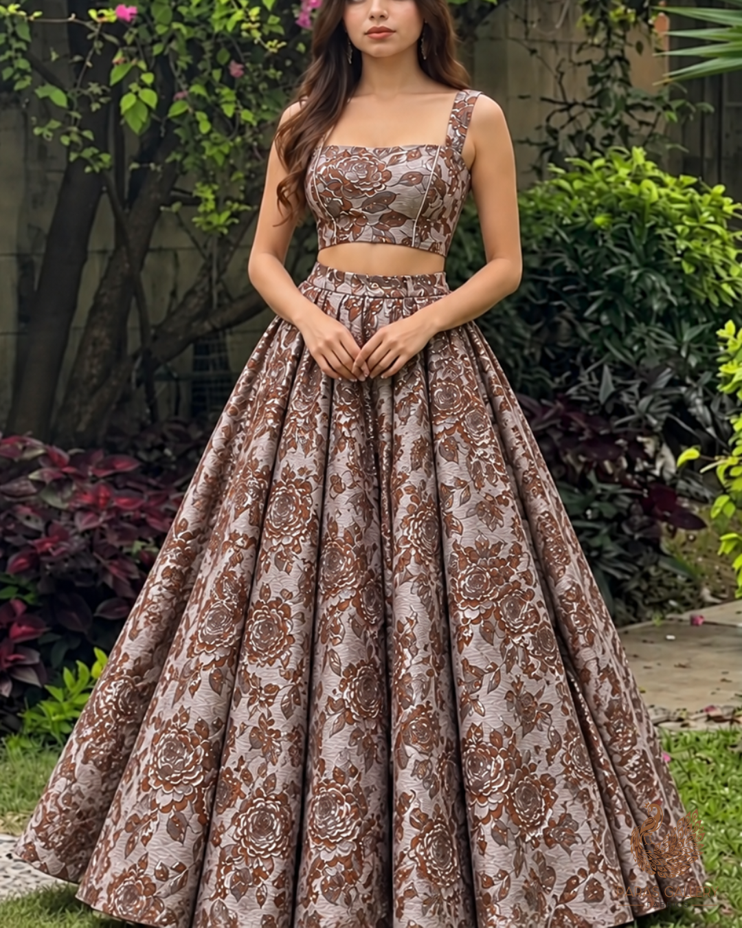 Brown Imported Jacquard Fabric With All Over Foil Work 24050