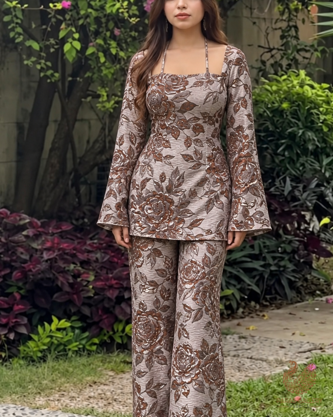 Brown Imported Jacquard Fabric With All Over Foil Work 24050