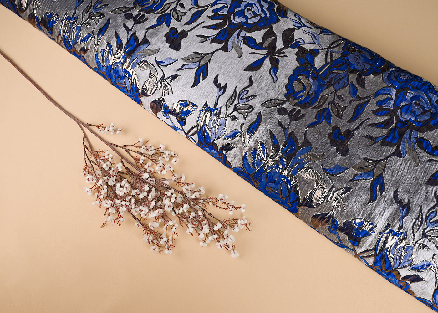 Royal Blue Imported Jacquard Fabric With All Over Foil Work 24054