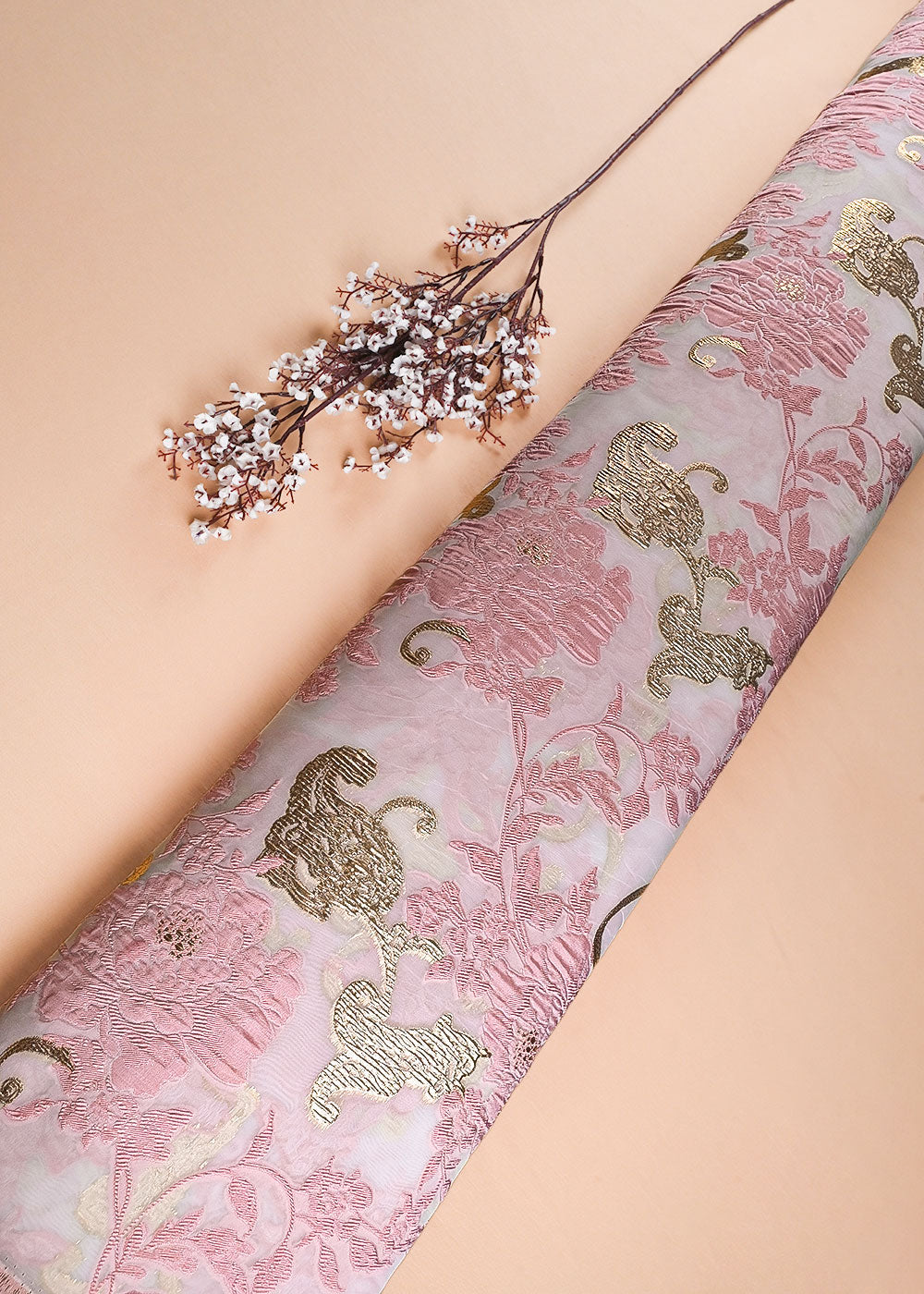 Baby Pink Imported Jacquard Fabric With All Over Foil Work 24055