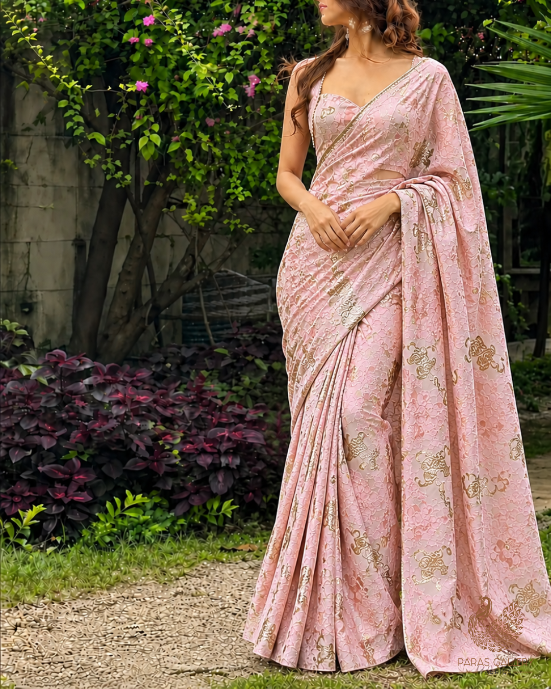 Baby Pink Imported Jacquard Fabric With All Over Foil Work 24055