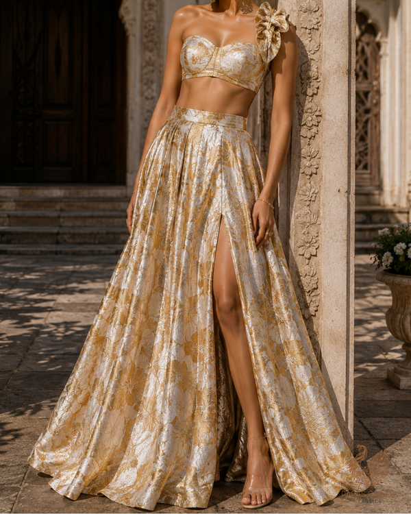 Light Gold Imported Jacquard Fabric With All Over Foil Work 24062
