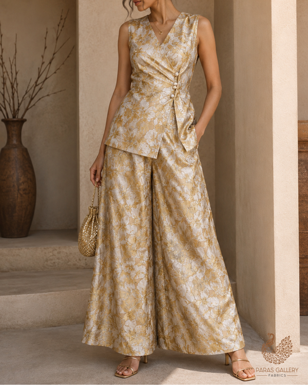 Light Gold Imported Jacquard Fabric With All Over Foil Work 24062