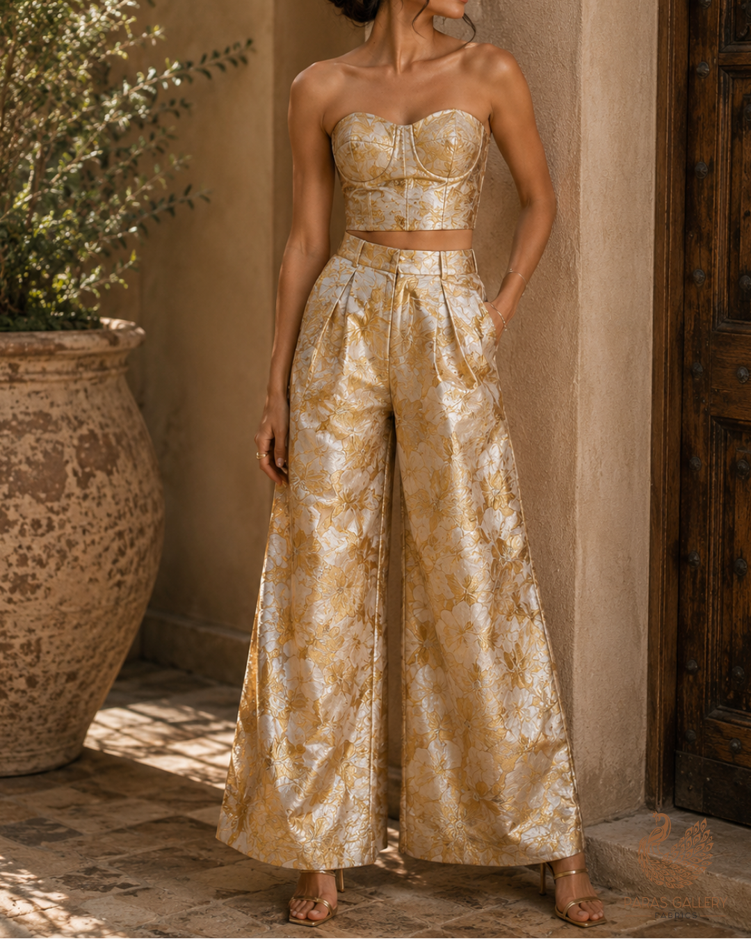 Light Gold Imported Jacquard Fabric With All Over Foil Work 24062