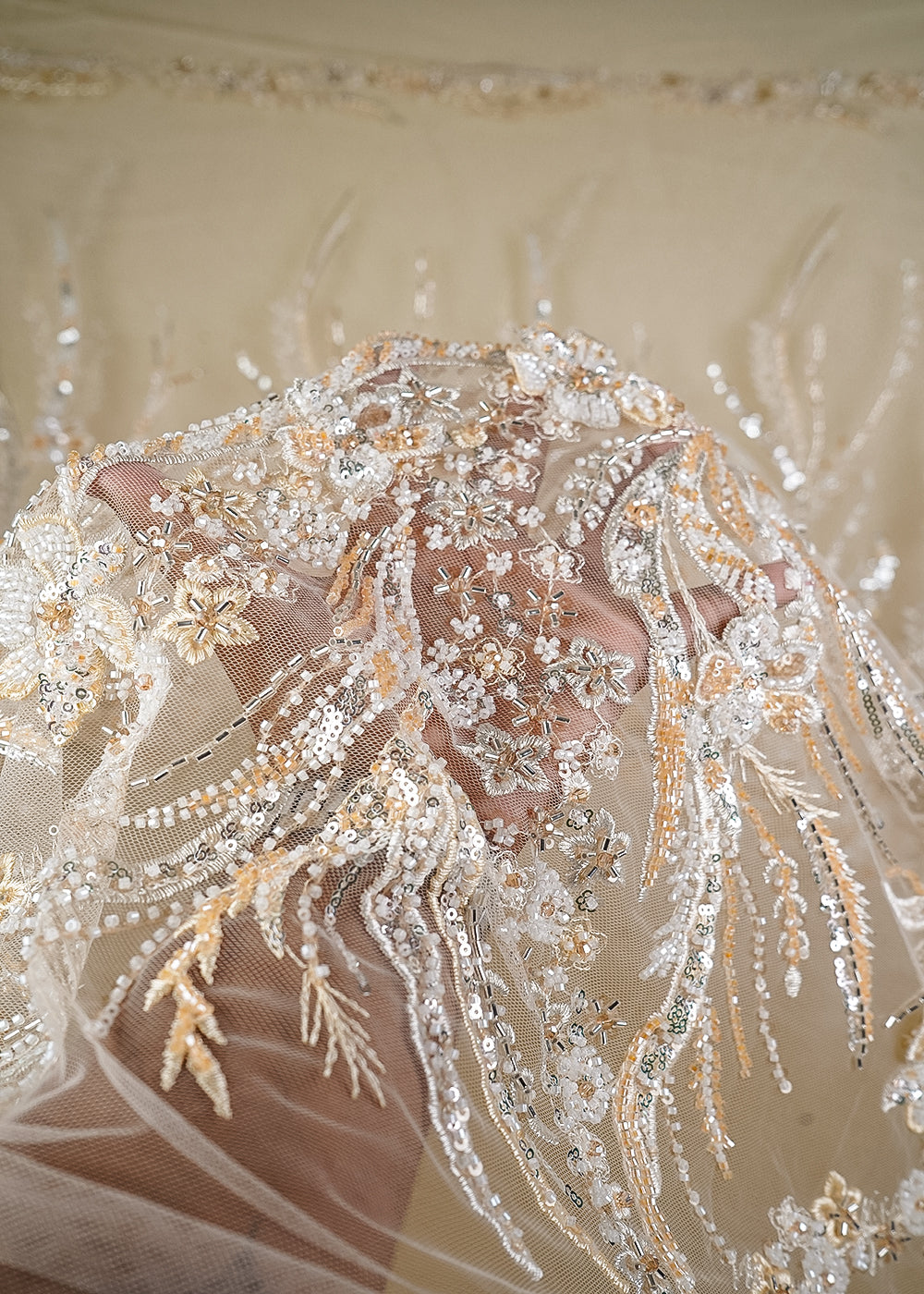 Light Gold Imported Net Fabric With All Over Sequins And Katdana Work With Border 24064