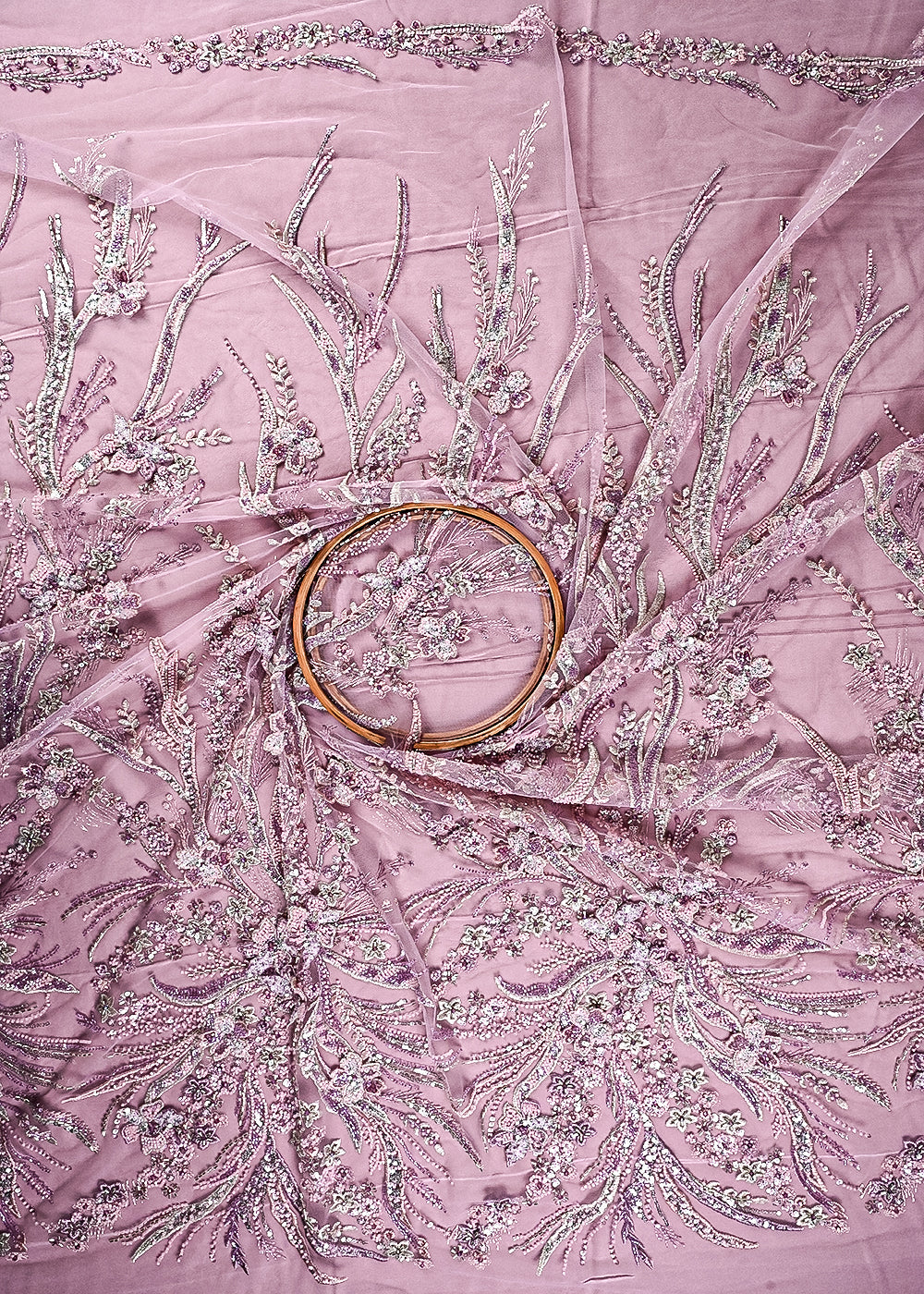 Mauve Imported Net Fabric With All Over Sequins, Katdana Bead And 3D Work 24065