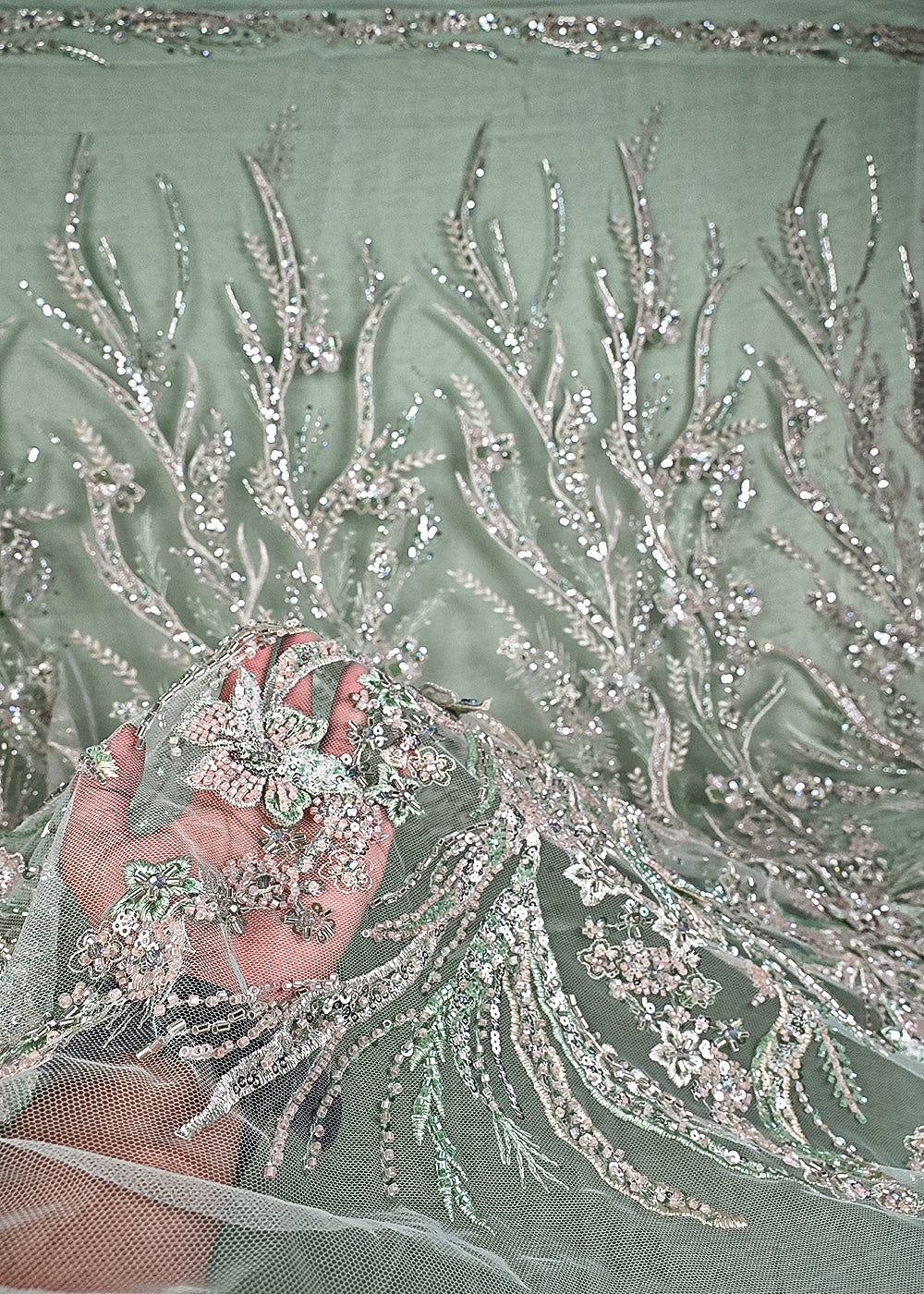 Green Imported Net Fabric With All Over Sequins, Katdana, Bead And 3D Work 24066
