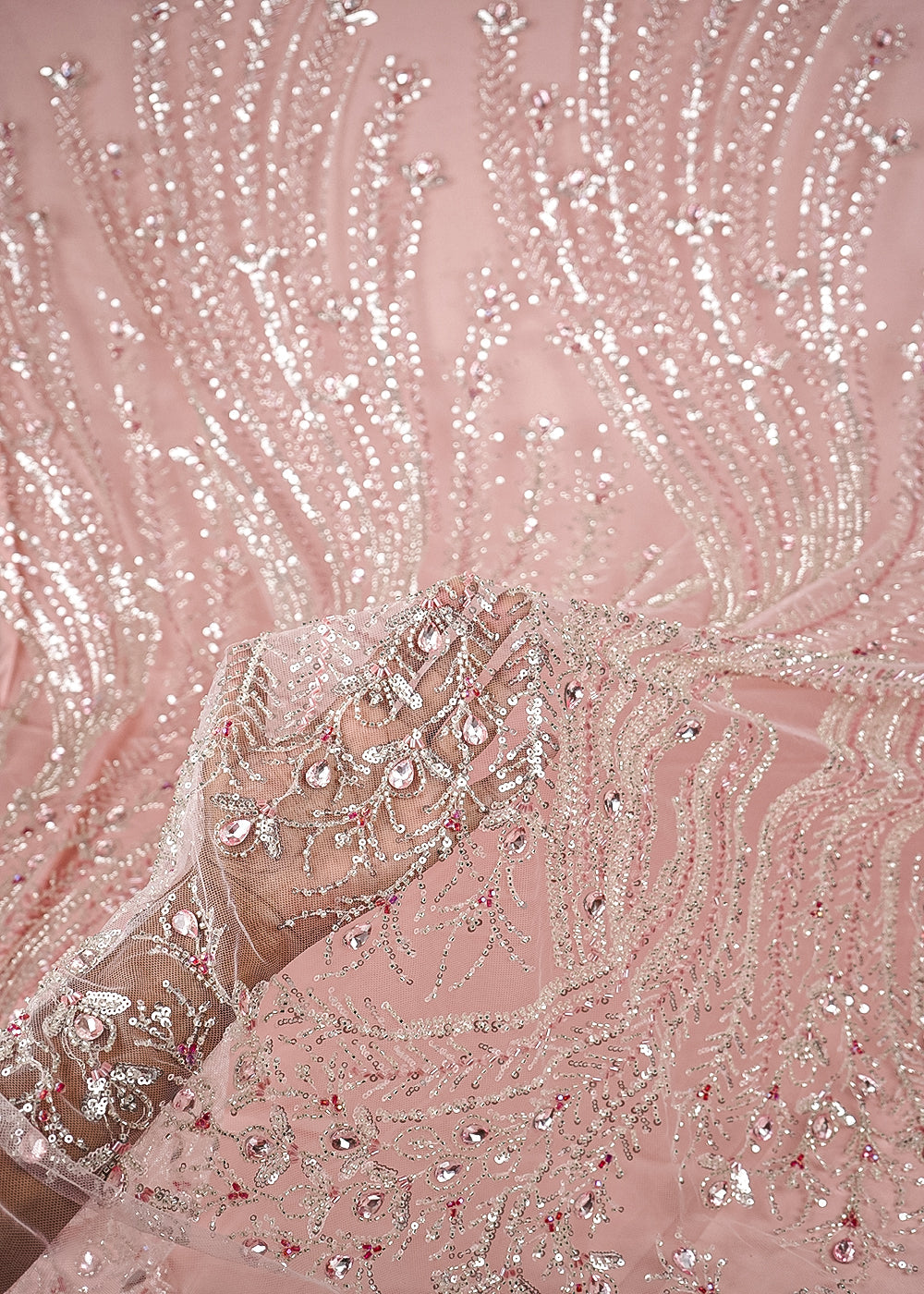 Baby Pink Net Fabric With All Over Sequins, Katdana And Stone Work 24067
