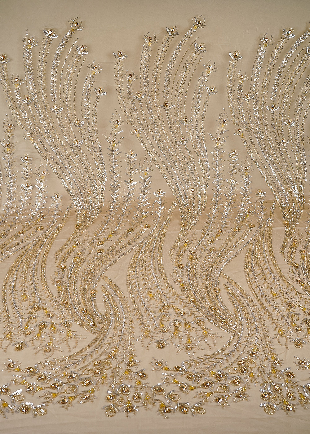 Light Gold Net Fabric With All Over Sequins, Katdana And Stone Work 24068