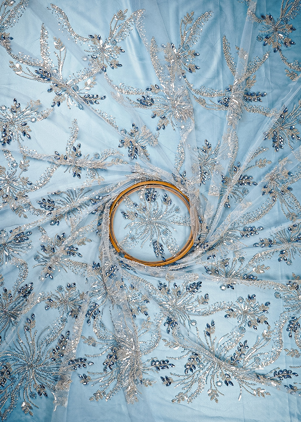 Ice Blue Net Fabric With All Over Sequins, Katdana And Stone Work 24070