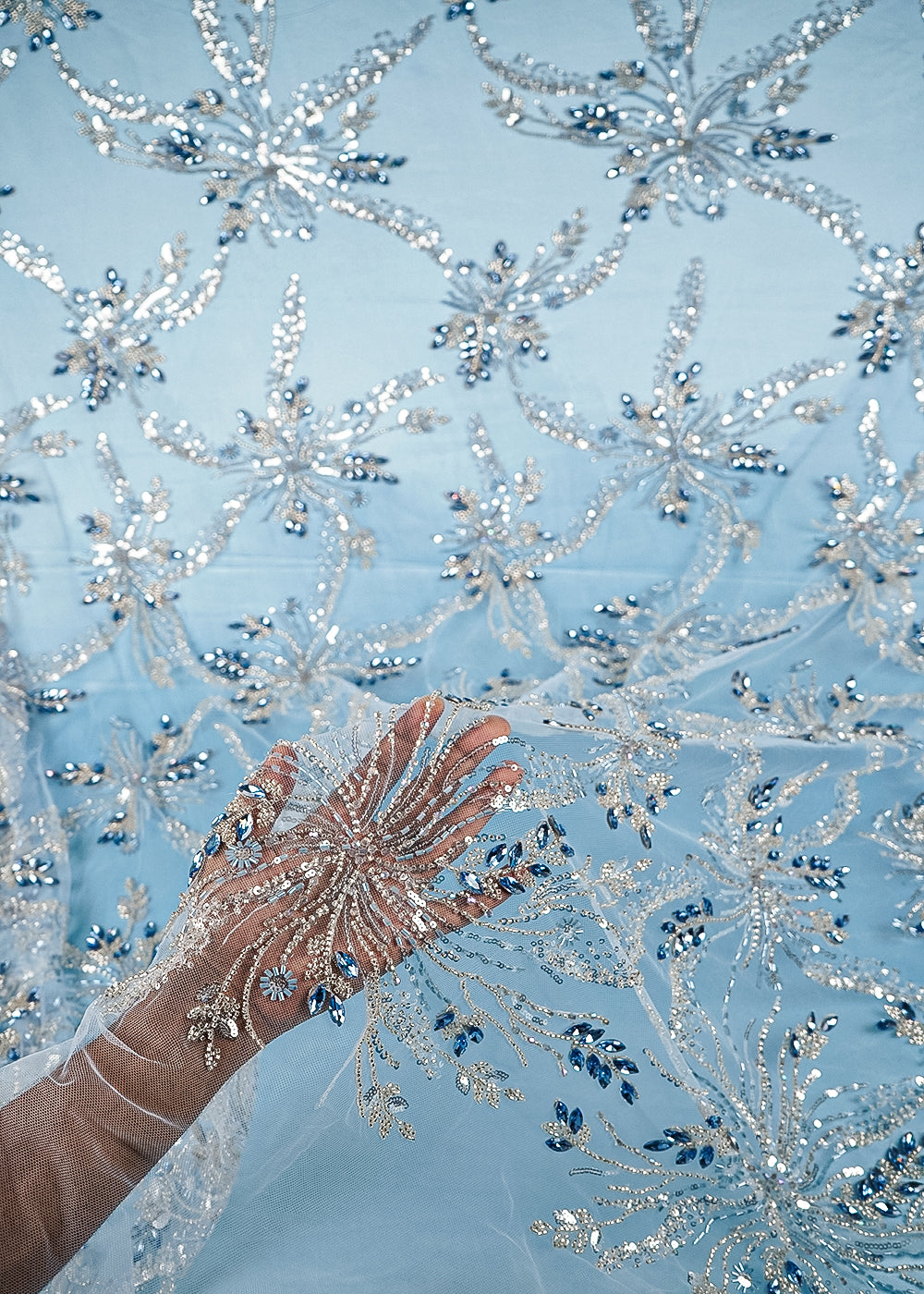 Ice Blue Net Fabric With All Over Sequins, Katdana And Stone Work 24070