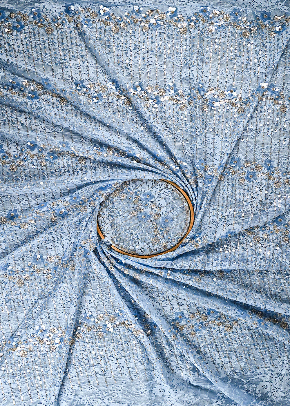 Powder Blue Sandlin Lace Fabric With All Over Katdana And Sequins Work 24071