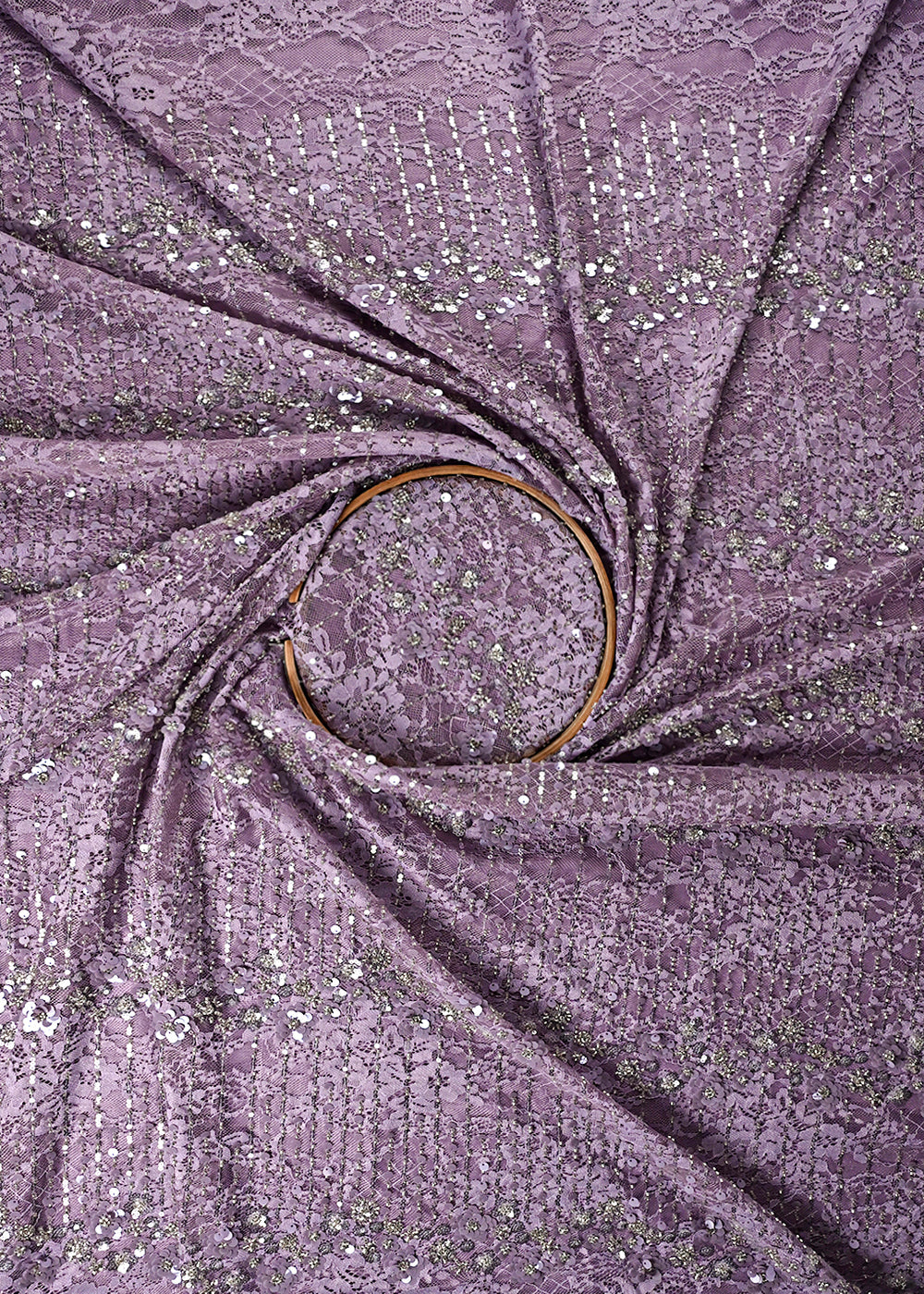 Lavender Sandlin Lace Fabric With All Over Katdana And Sequins Work 24072