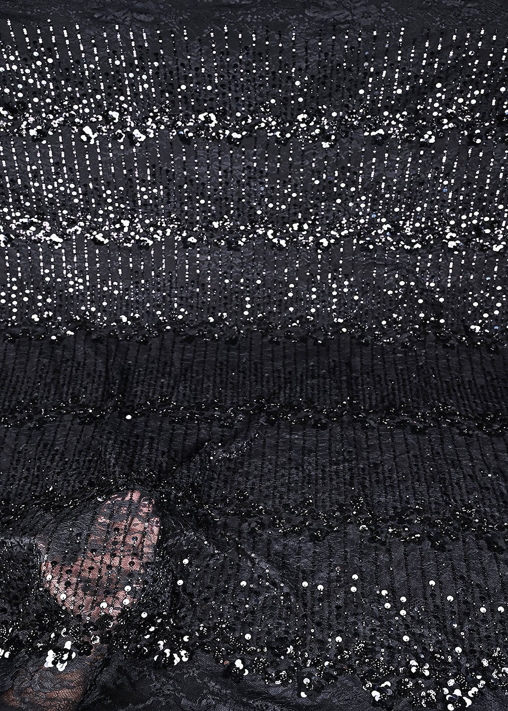 Black Sandlin Lace Fabric With All Over Katdana And Sequins Work 24074