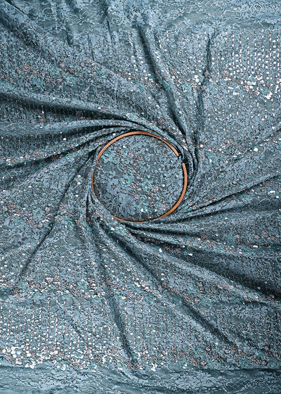 Aqua Blue Sandlin Lace Fabric With All Over Katdana And Sequins Work 24075