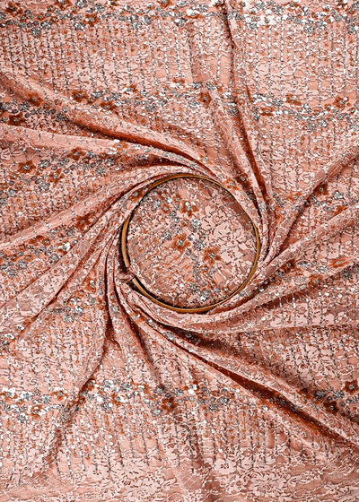 Peach Sandlin Lace Fabric With All Over Katdana And Sequins Work  24076