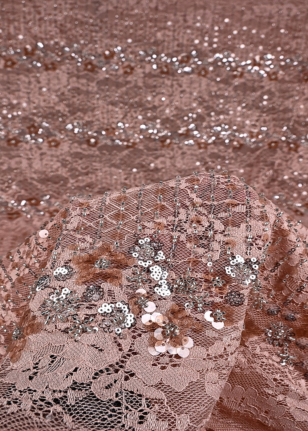 Peach Sandlin Lace Fabric With All Over Katdana And Sequins Work  24076