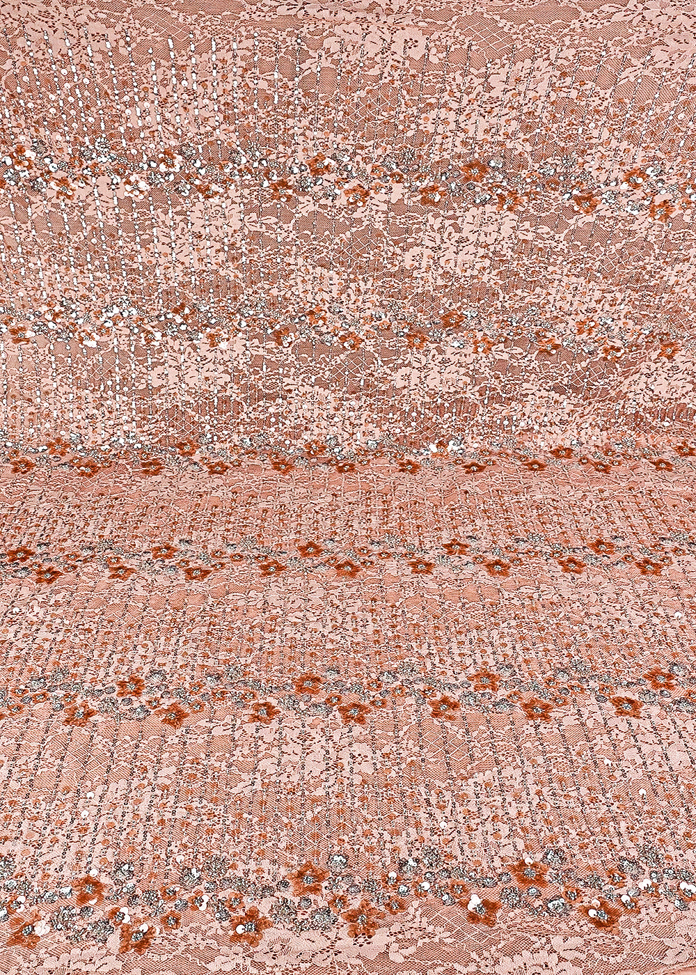 Peach Sandlin Lace Fabric With All Over Katdana And Sequins Work  24076
