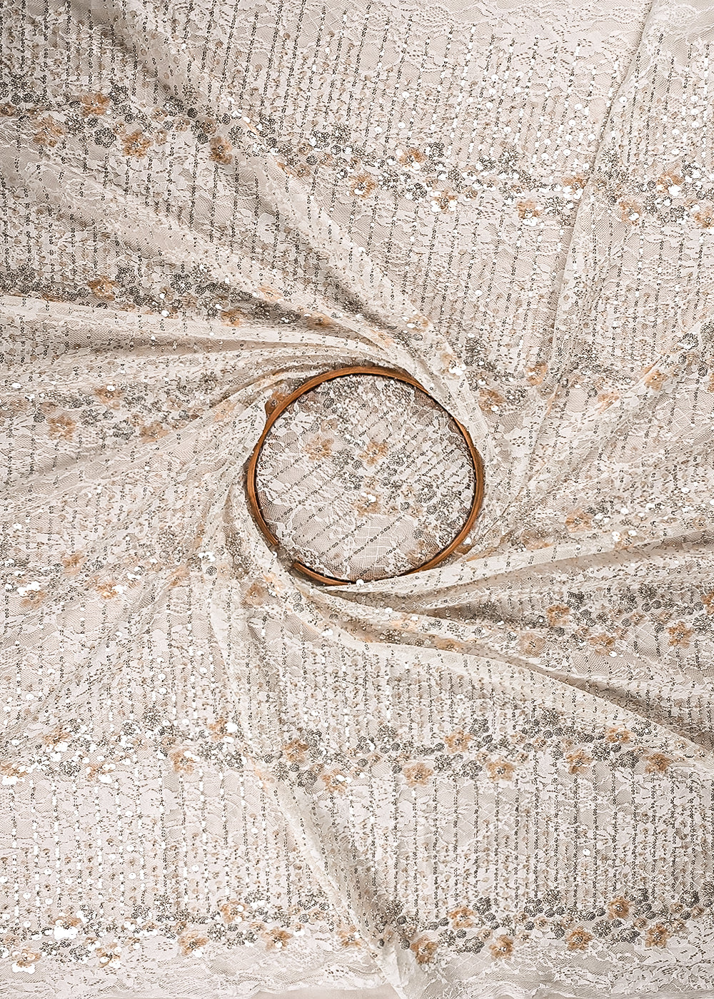 Cream Sandlin Lace Fabric With All Over Katdana And Sequins Work 24077