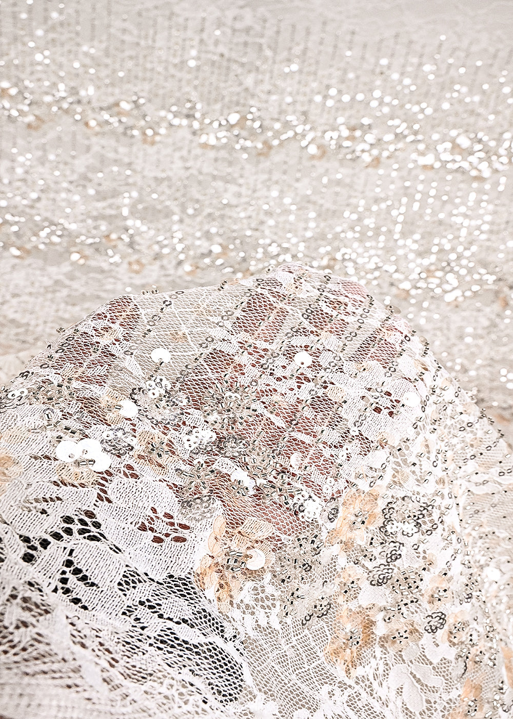Cream Sandlin Lace Fabric With All Over Katdana And Sequins Work 24077