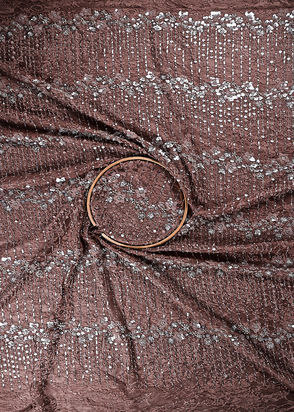 Brown Sandlin Lace Fabric With All Over Katdana And Sequins Work 24078