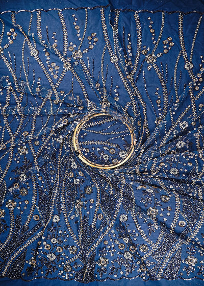 Navy Blue Net Fabric With All Over Bead, Sequins And Scalloped Borders 24079