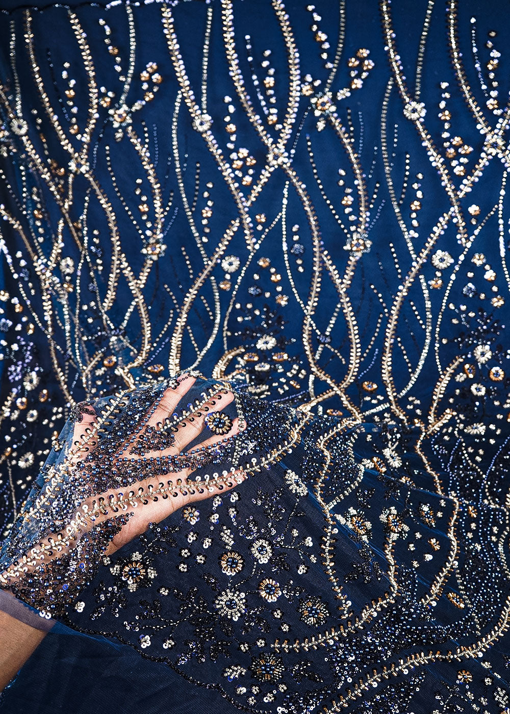 Navy Blue Net Fabric With All Over Bead, Sequins And Scalloped Borders 24079