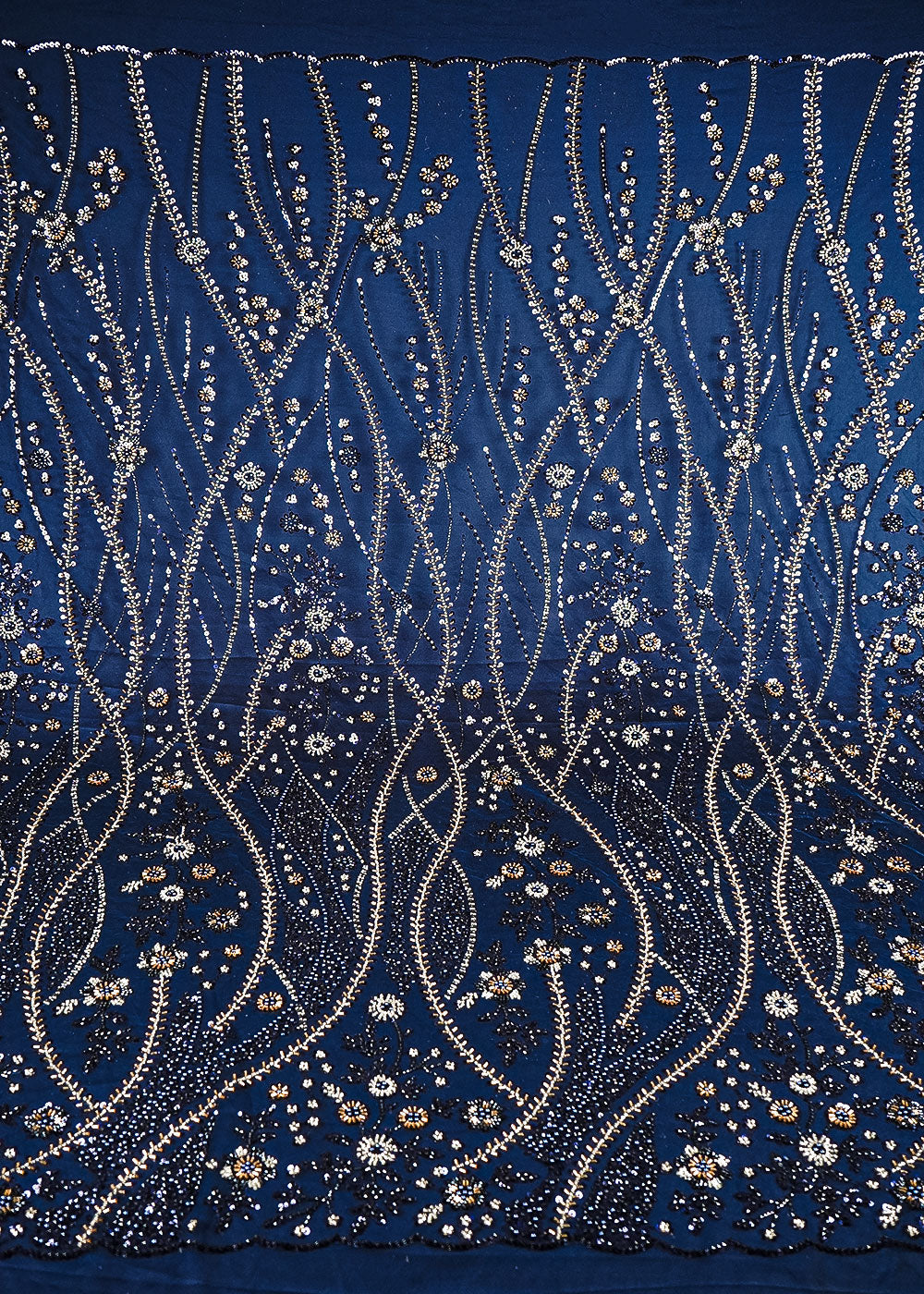 Navy Blue Net Fabric With All Over Bead, Sequins And Scalloped Borders 24079