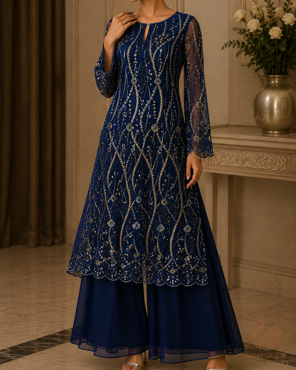 Navy Blue Net Fabric With All Over Bead, Sequins And Scalloped Borders 24079