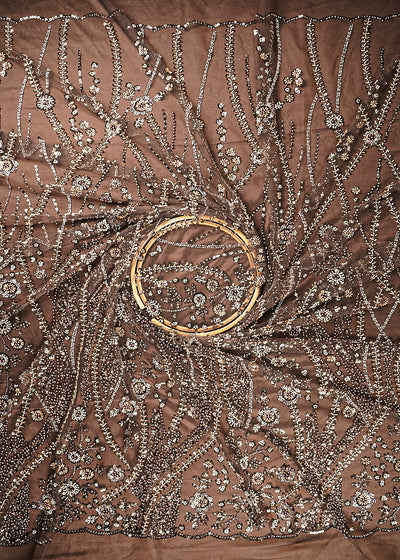 Brown Imported Net Fabric With All Over Sequins And Bead Work With Scalloped Border 24080