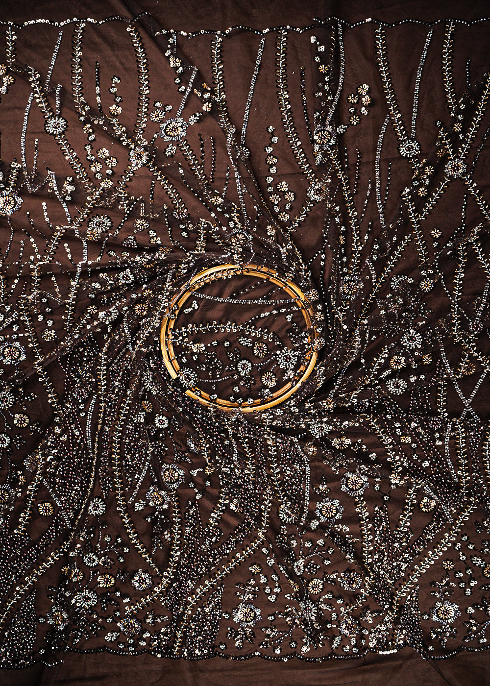 Brown Imported Net Fabric With All Over Sequins And Bead Work With Scalloped Border 24080