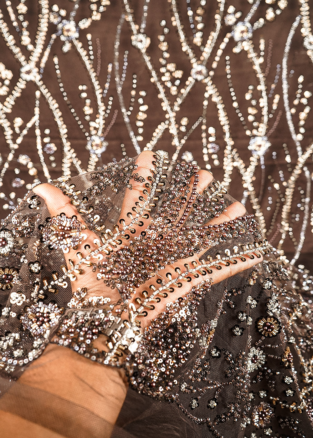 Brown Imported Net Fabric With All Over Sequins And Bead Work With Scalloped Border 24080