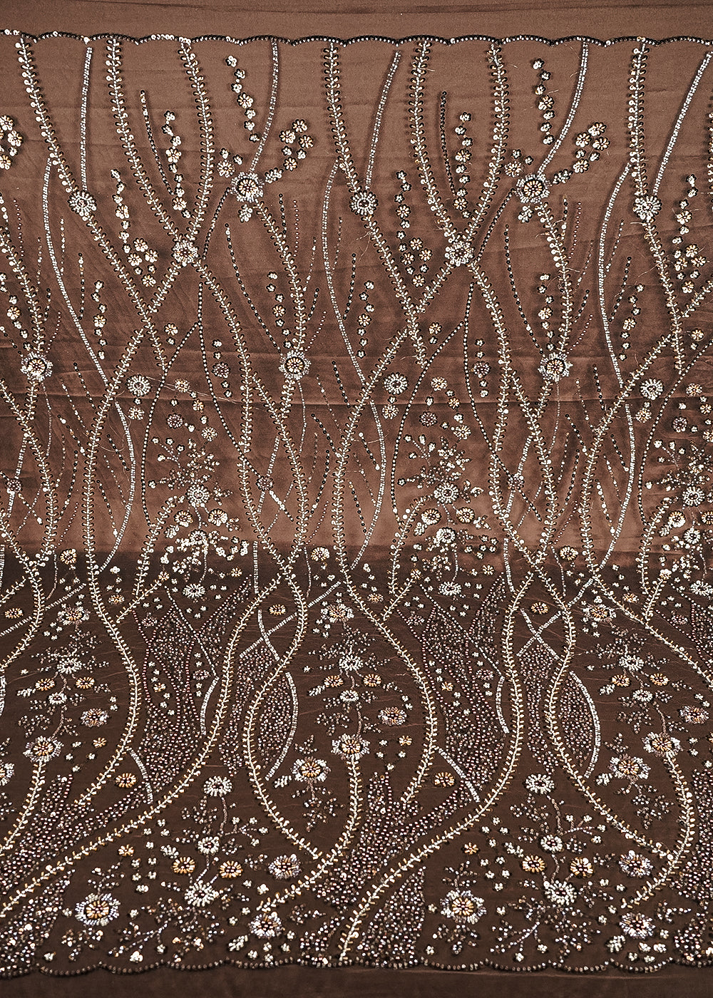 Brown Imported Net Fabric With All Over Sequins And Bead Work With Scalloped Border 24080