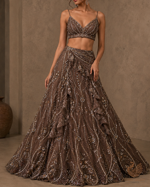 Brown Imported Net Fabric With All Over Sequins And Bead Work With Scalloped Border 24080