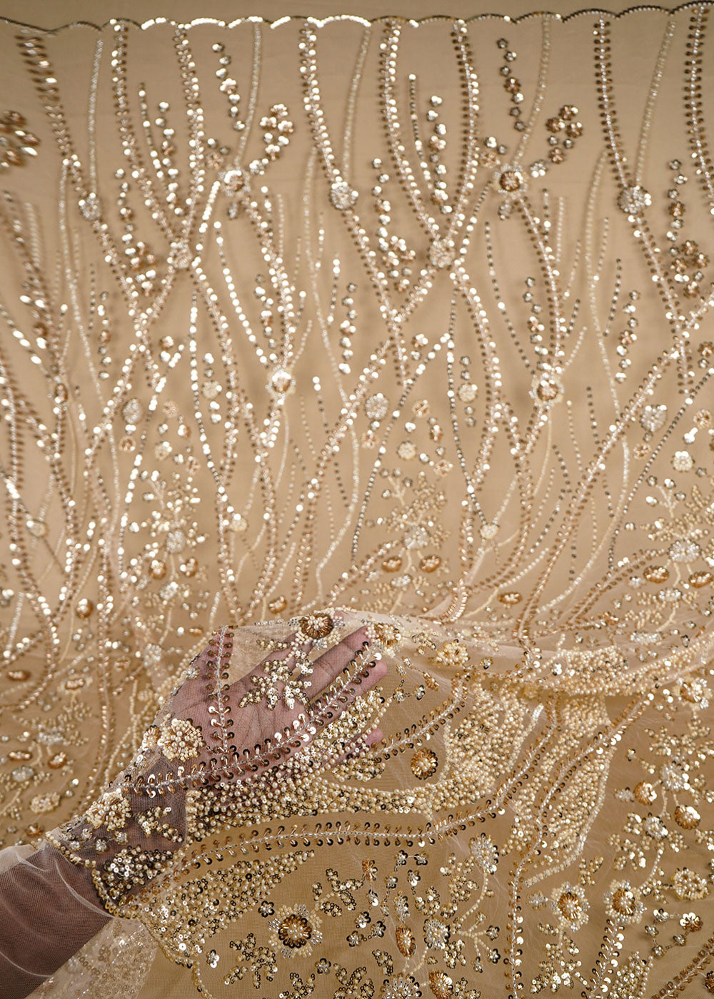 Light Gold Net Fabric With All Over Bead, Sequins And Scalloped Borders 24081