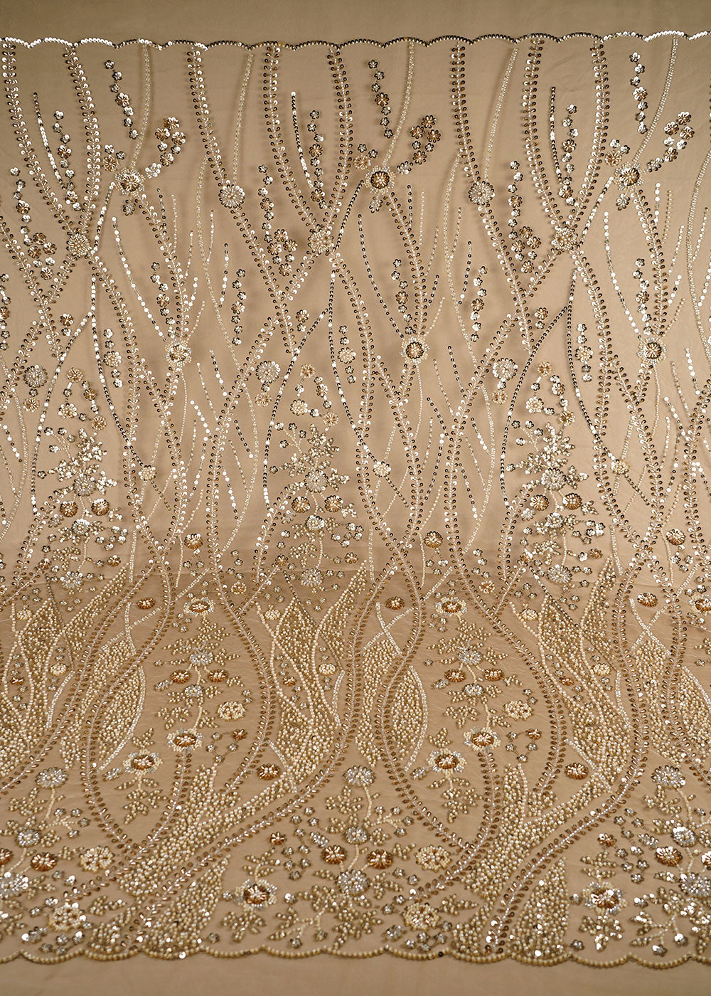 Light Gold Net Fabric With All Over Bead, Sequins And Scalloped Borders 24081