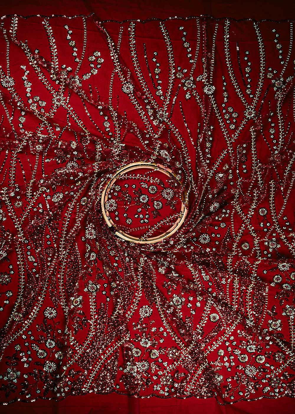 Mehroon Net Fabric With All Over Bead, Sequins And Scalloped Borders 24082