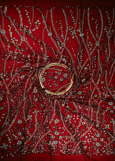 Maroon Net Fabric With All Over Bead, Sequins And Scalloped Borders 24082