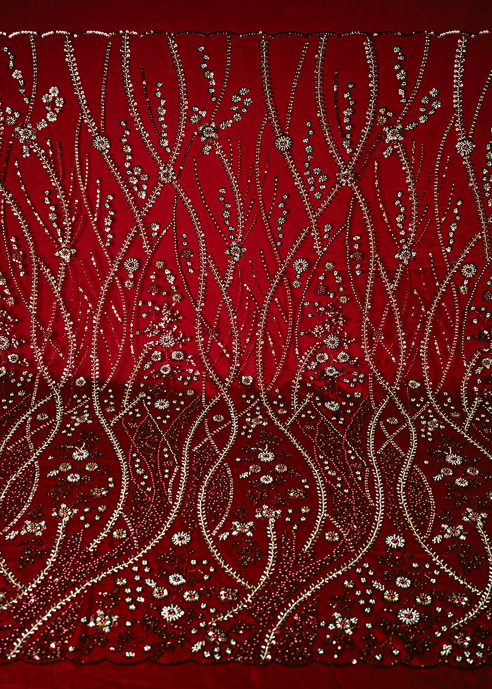 Mehroon Net Fabric With All Over Bead, Sequins And Scalloped Borders 24082