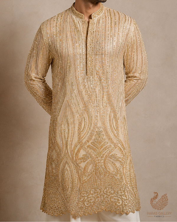 Golden Imported Net Fabric With All Over Sequins, Bead And Scalloped Border 24083