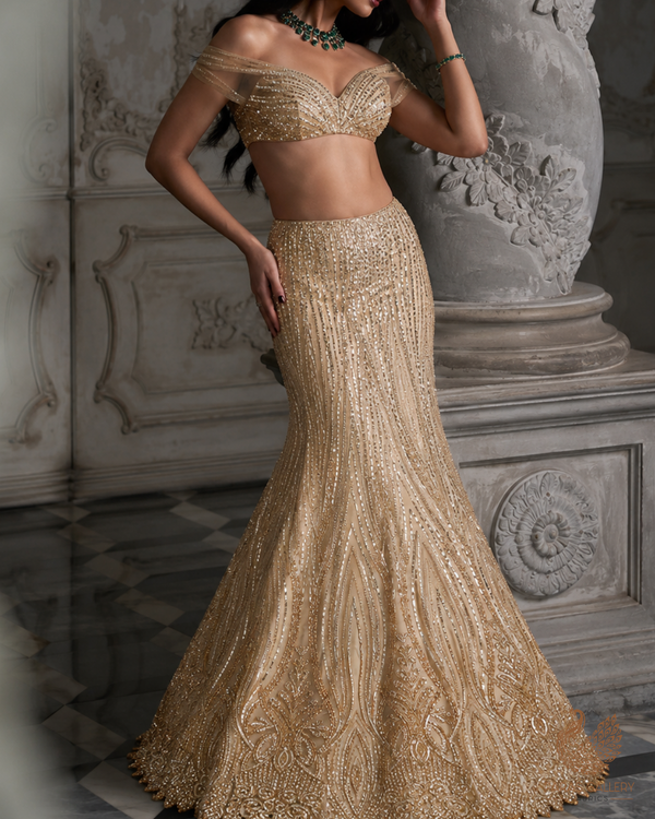 Golden Imported Net Fabric With All Over Sequins, Bead And Scalloped Border 24083