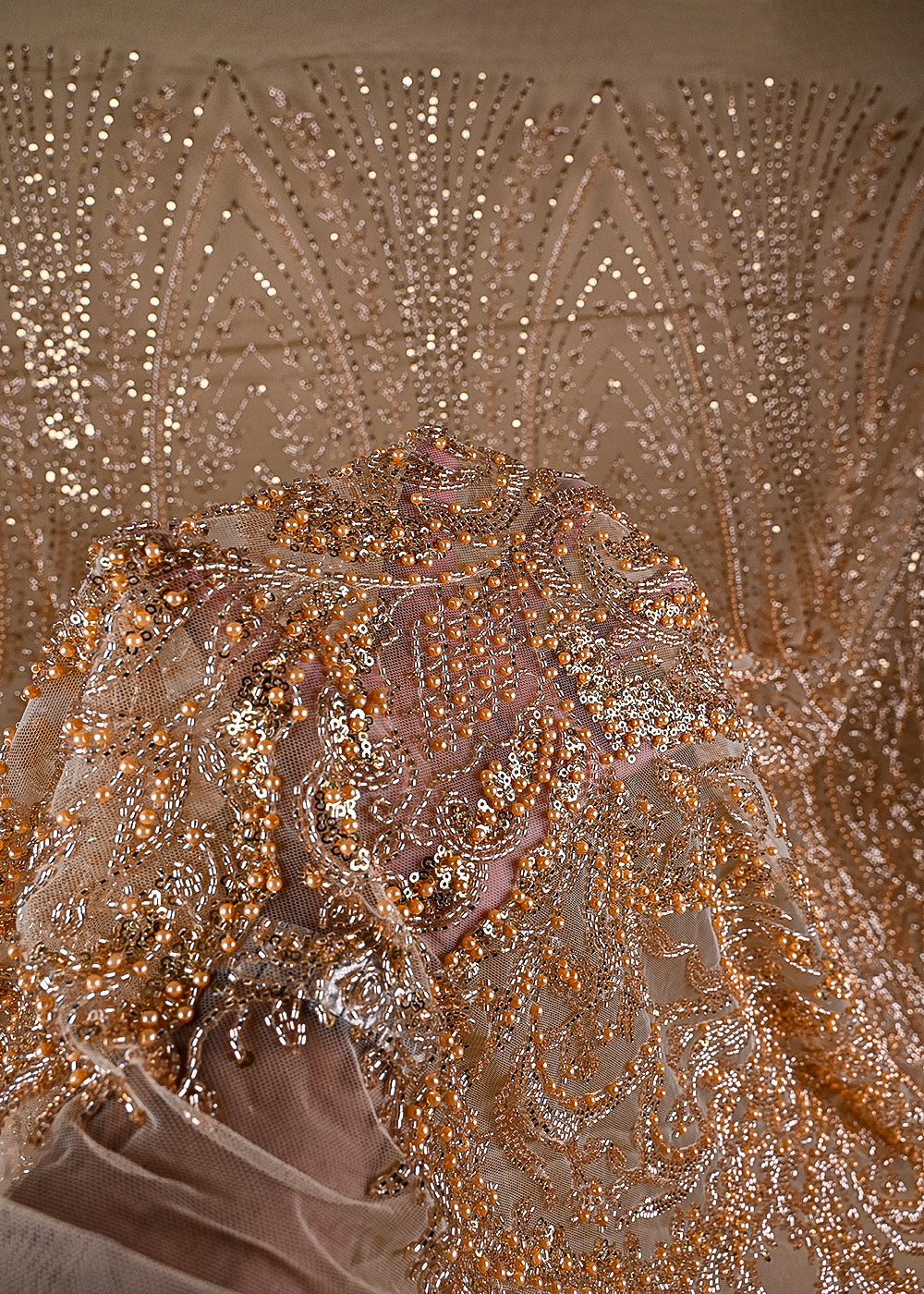 Golden Imported Net Fabric With All Over Sequins, Katdana And Bead Work With One Side Border 24085