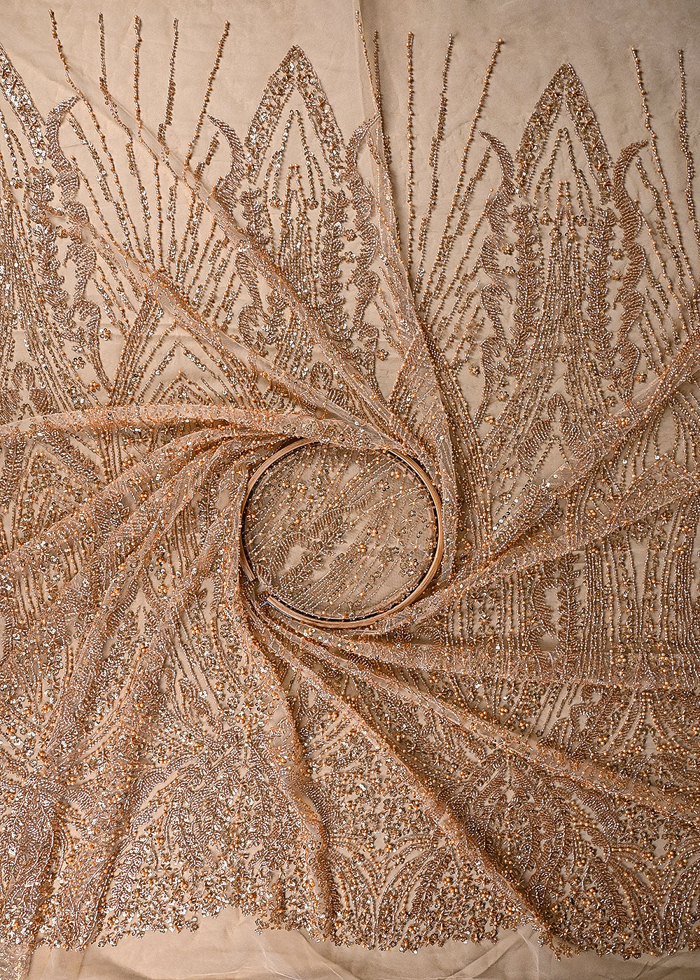 Golden Imported Net Fabric With All Over Sequins, Katdana And Bead Work With One Side Border 24088