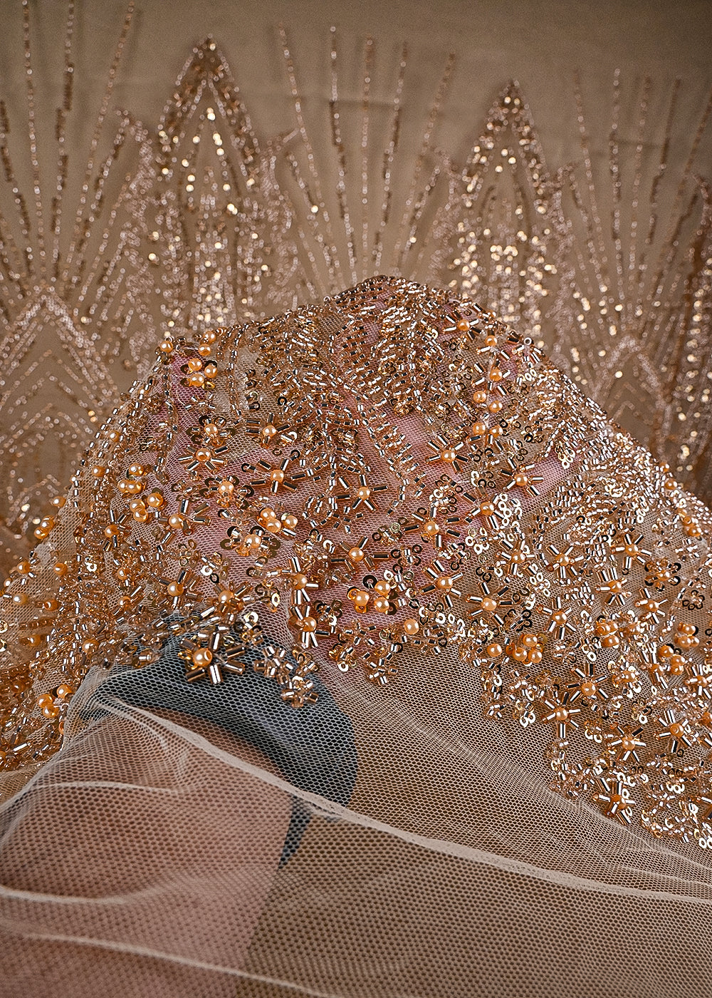 Golden Imported Net Fabric With All Over Sequins, Katdana And Bead Work With One Side Border 24088