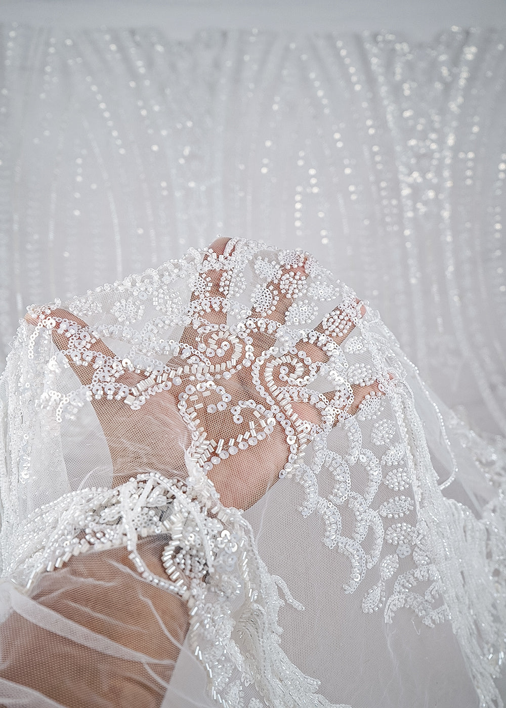 White Net Fabric With All Over Sequins, Bead And Scalloped Border 24090